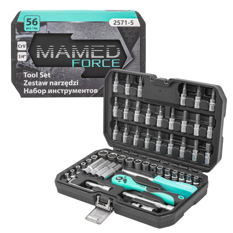 Слесарка.бай. Набор инструментов PROFI 56пр. 1/4"(6гр)(4-14мм,Е4-Е10) MAMEDFORCE MF-2571-5 - стоимость, описание, магазин.